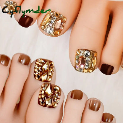 Cyflymder 24/100/120Pcs Press On Toe Nails for Women French Tip Fake Toenail with Gold Glitter Rhinestone Design Full Cover False Toenails