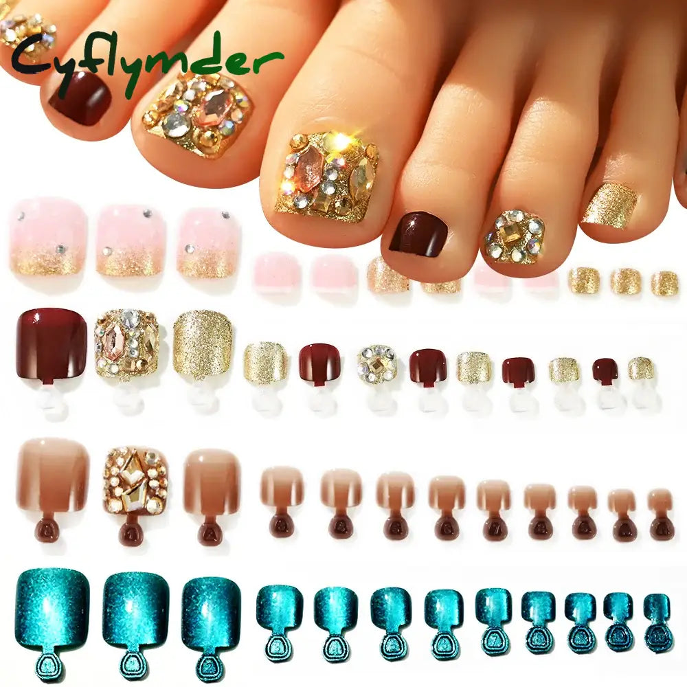 Cyflymder 24/100/120Pcs Press On Toe Nails for Women French Tip Fake Toenail with Gold Glitter Rhinestone Design Full Cover False Toenails