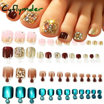 Cyflymder 24/100/120Pcs Press On Toe Nails for Women French Tip Fake Toenail with Gold Glitter Rhinestone Design Full Cover False Toenails