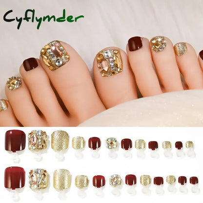 Cyflymder 24/100/120Pcs Press On Toe Nails for Women French Tip Fake Toenail with Gold Glitter Rhinestone Design Full Cover False Toenails