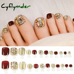 Cyflymder 24/100/120Pcs Press On Toe Nails for Women French Tip Fake Toenail with Gold Glitter Rhinestone Design Full Cover False Toenails
