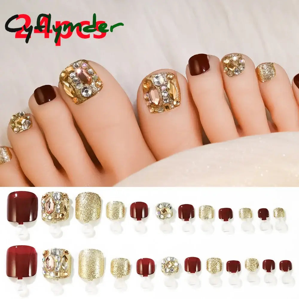 Cyflymder 24/100/120Pcs Press On Toe Nails for Women French Tip Fake Toenail with Gold Glitter Rhinestone Design Full Cover False Toenails