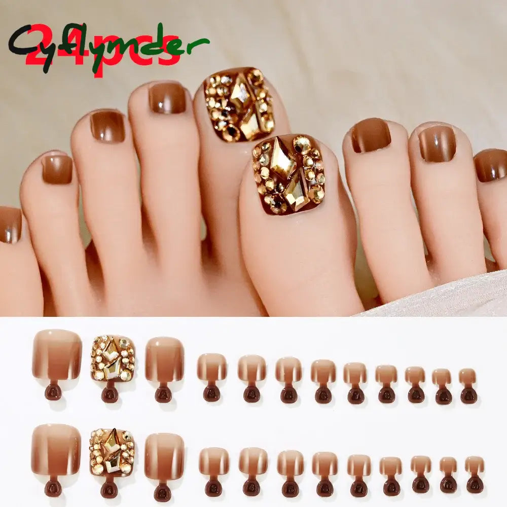 Cyflymder 24/100/120Pcs Press On Toe Nails for Women French Tip Fake Toenail with Gold Glitter Rhinestone Design Full Cover False Toenails