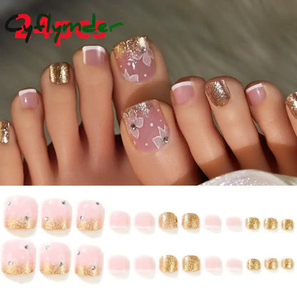 Cyflymder 24/100/120Pcs Press On Toe Nails for Women French Tip Fake Toenail with Gold Glitter Rhinestone Design Full Cover False Toenails