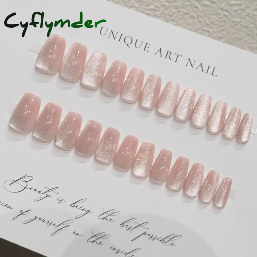 Cyflymder 24 Pcs Cat Eye Winter Press on Nails for Gluing Long Korea False Nail for Girls Cheap Coffin Stick-on Fake Nails Set with Glue