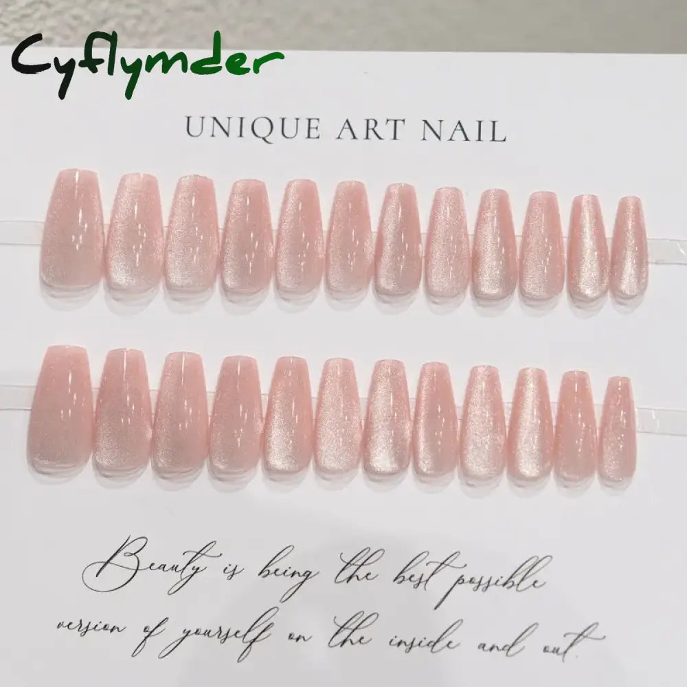Cyflymder 24 Pcs Cat Eye Winter Press on Nails for Gluing Long Korea False Nail for Girls Cheap Coffin Stick-on Fake Nails Set with Glue