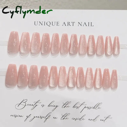 Cyflymder 24 Pcs Cat Eye Winter Press on Nails for Gluing Long Korea False Nail for Girls Cheap Coffin Stick-on Fake Nails Set with Glue