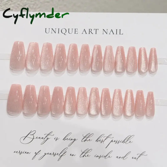 Cyflymder 24 Pcs Cat Eye Winter Press on Nails for Gluing Long Korea False Nail for Girls Cheap Coffin Stick-on Fake Nails Set with Glue