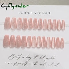 Cyflymder 24 Pcs Cat Eye Winter Press on Nails for Gluing Long Korea False Nail for Girls Cheap Coffin Stick-on Fake Nails Set with Glue