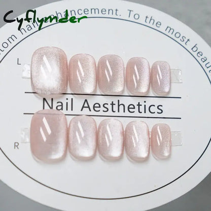 Cyflymder 24 Pcs Cat Eye Winter Press on Nails for Gluing Long Korea False Nail for Girls Cheap Coffin Stick-on Fake Nails Set with Glue