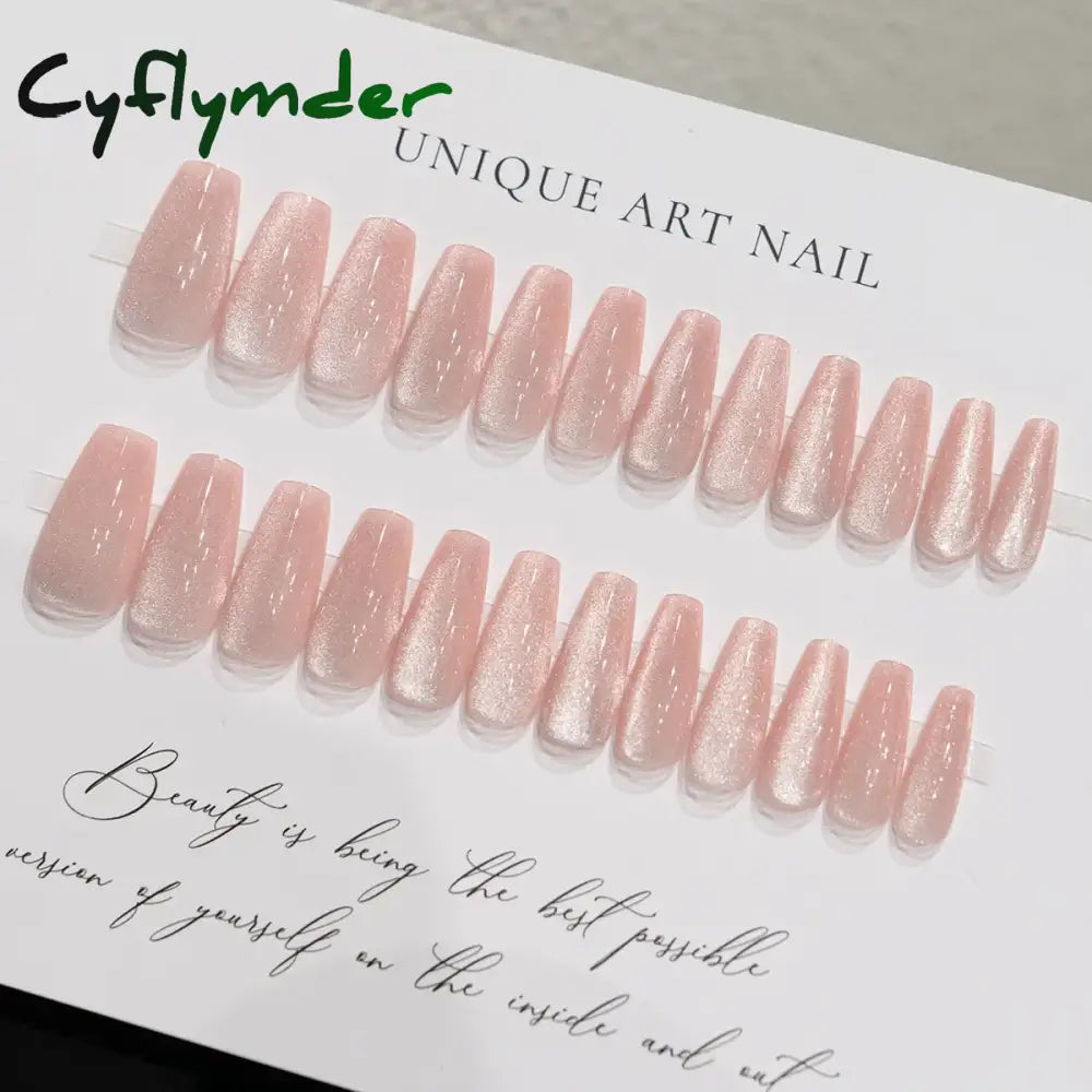 Cyflymder 24 Pcs Cat Eye Winter Press on Nails for Gluing Long Korea False Nail for Girls Cheap Coffin Stick-on Fake Nails Set with Glue