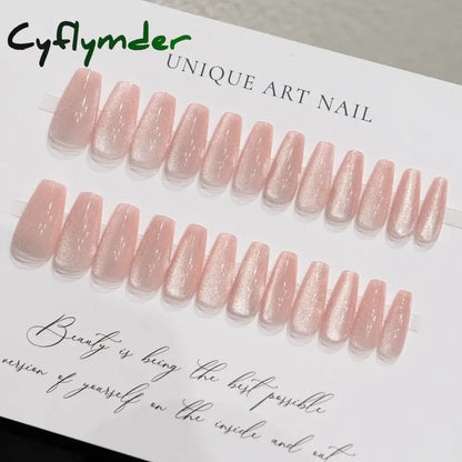 Cyflymder 24 Pcs Cat Eye Winter Press on Nails for Gluing Long Korea False Nail for Girls Cheap Coffin Stick-on Fake Nails Set with Glue