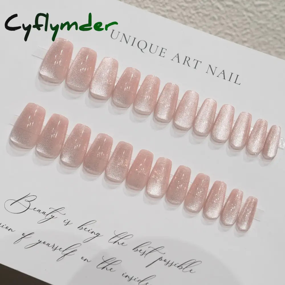 Cyflymder 24 Pcs Cat Eye Winter Press on Nails for Gluing Long Korea False Nail for Girls Cheap Coffin Stick-on Fake Nails Set with Glue