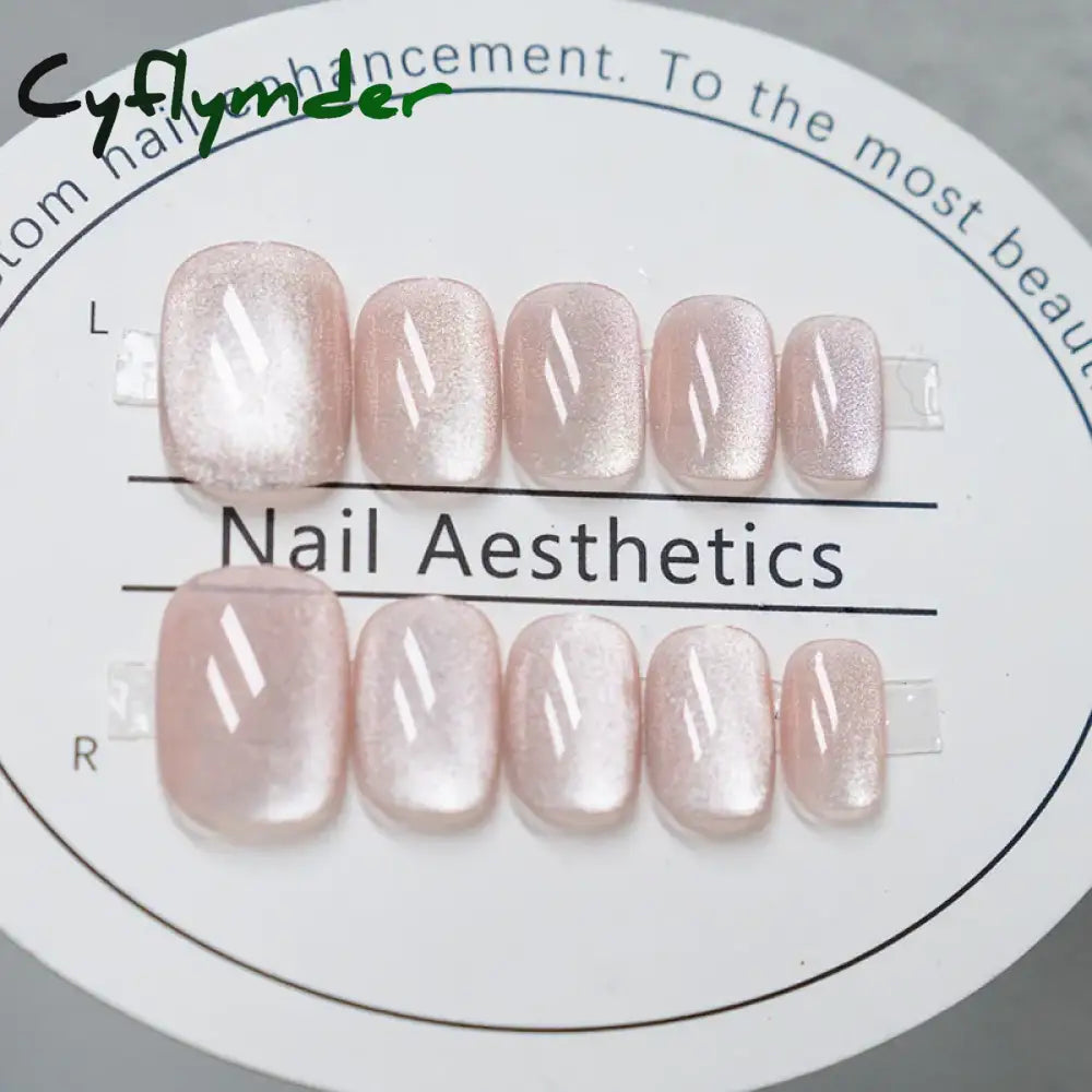 Cyflymder 24 Pcs Cat Eye Winter Press on Nails for Gluing Long Korea False Nail for Girls Cheap Coffin Stick-on Fake Nails Set with Glue