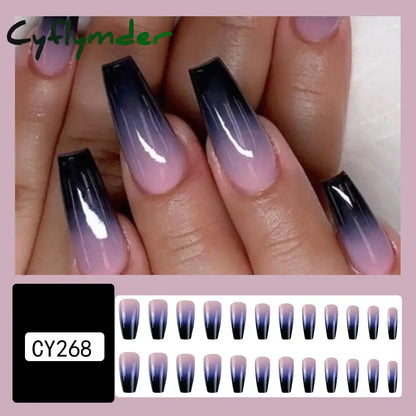 Cyflymder 24 Pcs Glossy Medium Long Ballerina Press On Nail Pink And Purple Gradient Fake Nail Artificial Solid Color False Nail For Women