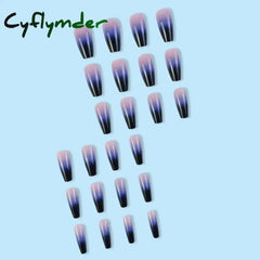 Cyflymder 24 Pcs Glossy Medium Long Ballerina Press On Nail Pink And Purple Gradient Fake Nail Artificial Solid Color False Nail For Women