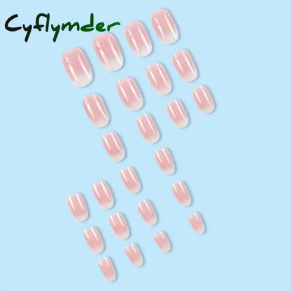 Cyflymder 24 Pcs Medium Oval Press On Nails Pink Gradient Stripe Pattern Fake Nails Glossy Artificial Finger Manicure False Nails