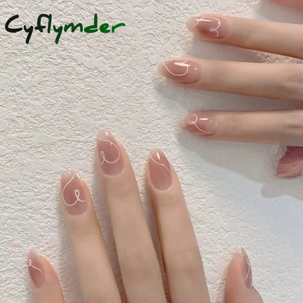 Cyflymder 24 Pcs Medium Oval Press On Nails Pink Gradient Stripe Pattern Fake Nails Glossy Artificial Finger Manicure False Nails