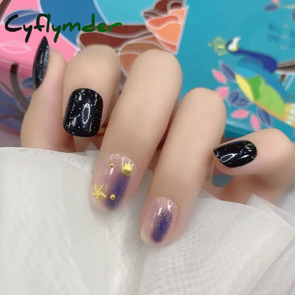 Cyflymder 24 Pcs Short Squoval Press On Nails Pink Gradient Stripe Pattern Fake Nails Glossy Artificial Finger Manicure False Nails