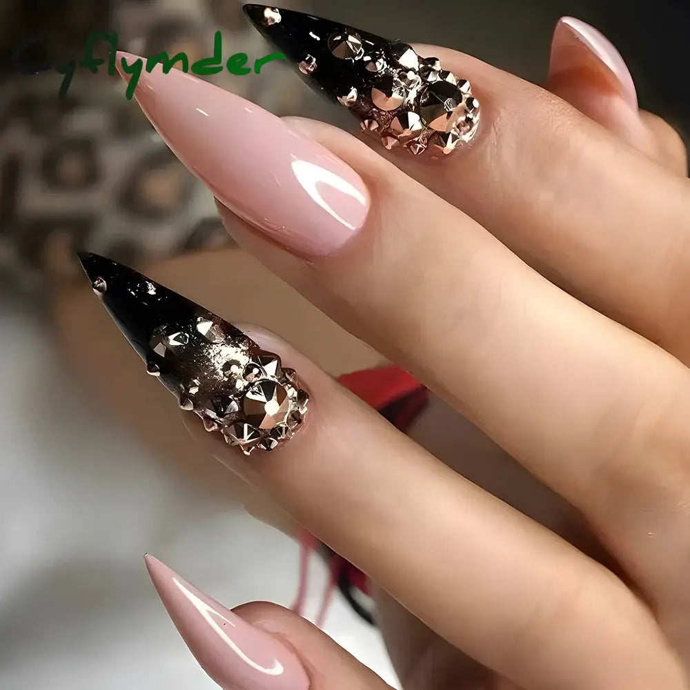 Cyflymder 24 Pcs Short Squoval Press On Nails Pink Gradient Stripe Pattern Fake Nails Glossy Artificial Finger Manicure False Nails