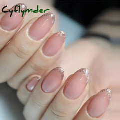 Cyflymder 24 Pcs Short Squoval Press On Nails Pink Gradient Stripe Pattern Fake Nails Glossy Artificial Finger Manicure False Nails