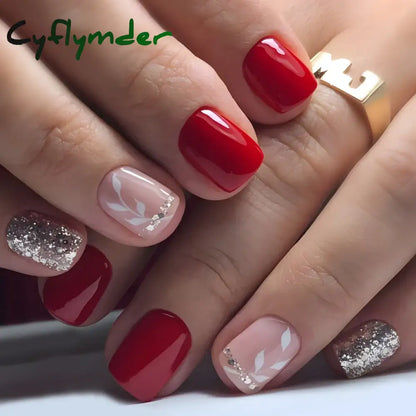 Cyflymder 24 Pcs Short Squoval Press On Nails Pink Gradient Stripe Pattern Fake Nails Glossy Artificial Finger Manicure False Nails