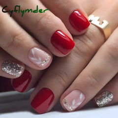 Cyflymder 24 Pcs Short Squoval Press On Nails Pink Gradient Stripe Pattern Fake Nails Glossy Artificial Finger Manicure False Nails