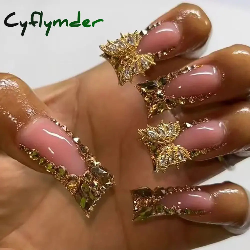 Cyflymder 24 Piece Rectangular 3D Butterfly Dot Diamond Style, Brown Color Scheme Enhances Your Charm, Nail Art Set, Press Nail