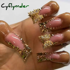 Cyflymder 24 Piece Rectangular 3D Butterfly Dot Diamond Style, Brown Color Scheme Enhances Your Charm, Nail Art Set, Press Nail