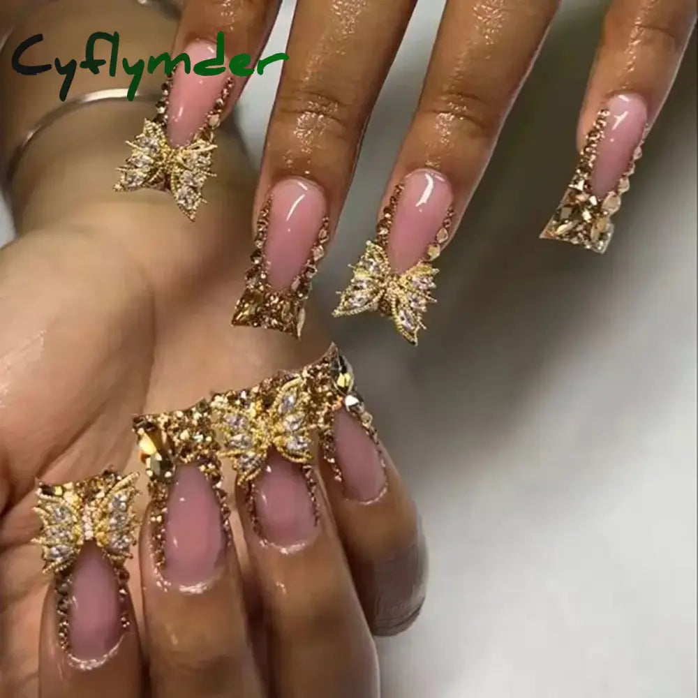 Cyflymder 24 Piece Rectangular 3D Butterfly Dot Diamond Style, Brown Color Scheme Enhances Your Charm, Nail Art Set, Press Nail