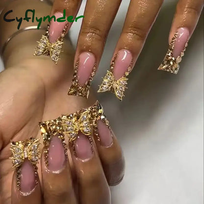 Cyflymder 24 Piece Rectangular 3D Butterfly Dot Diamond Style, Brown Color Scheme Enhances Your Charm, Nail Art Set, Press Nail