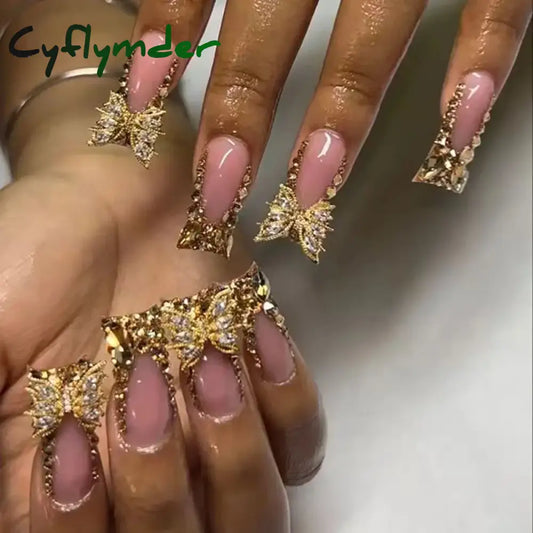 Cyflymder 24 Piece Rectangular 3D Butterfly Dot Diamond Style, Brown Color Scheme Enhances Your Charm, Nail Art Set, Press Nail