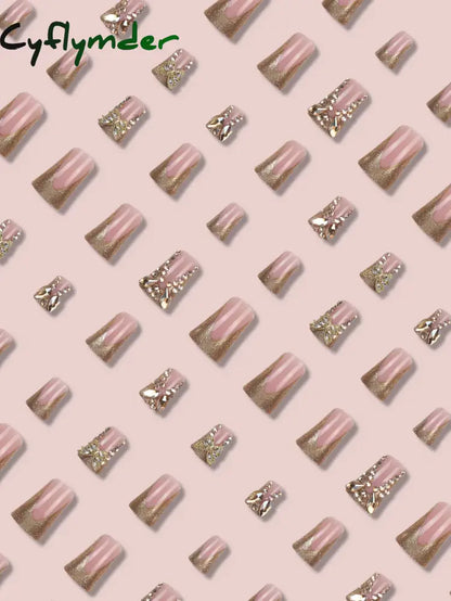 Cyflymder 24 Piece Rectangular 3D Butterfly Dot Diamond Style, Brown Color Scheme Enhances Your Charm, Nail Art Set, Press Nail