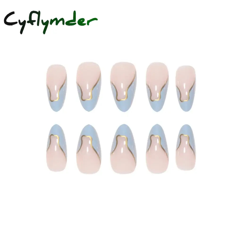 Cyflymder 24 Pieces Long Almond Irregular French style Pattern ABS Full Cover Glossy False Nails