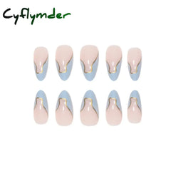 Cyflymder 24 Pieces Long Almond Irregular French style Pattern ABS Full Cover Glossy False Nails