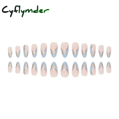 Cyflymder 24 Pieces Long Almond Irregular French style Pattern ABS Full Cover Glossy False Nails