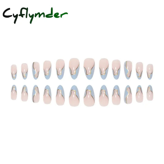 Cyflymder 24 Pieces Long Almond Irregular French style Pattern ABS Full Cover Glossy False Nails