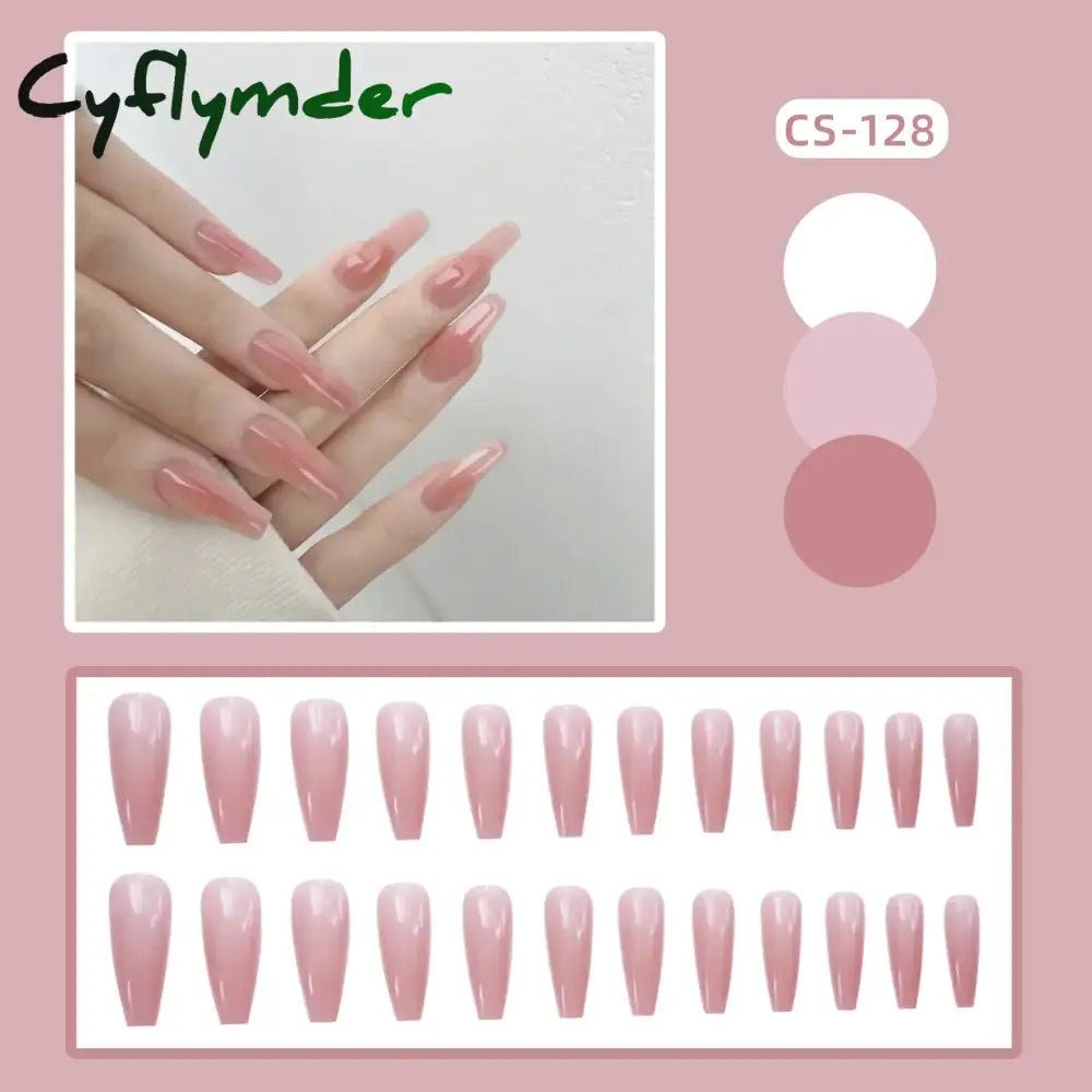 Cyflymder 24PC/Box Fashion False Nails Artificial Milky White Pink Gradients Long Ballet Nail Tips Full Cover Acrylic Fake Nails With Glue