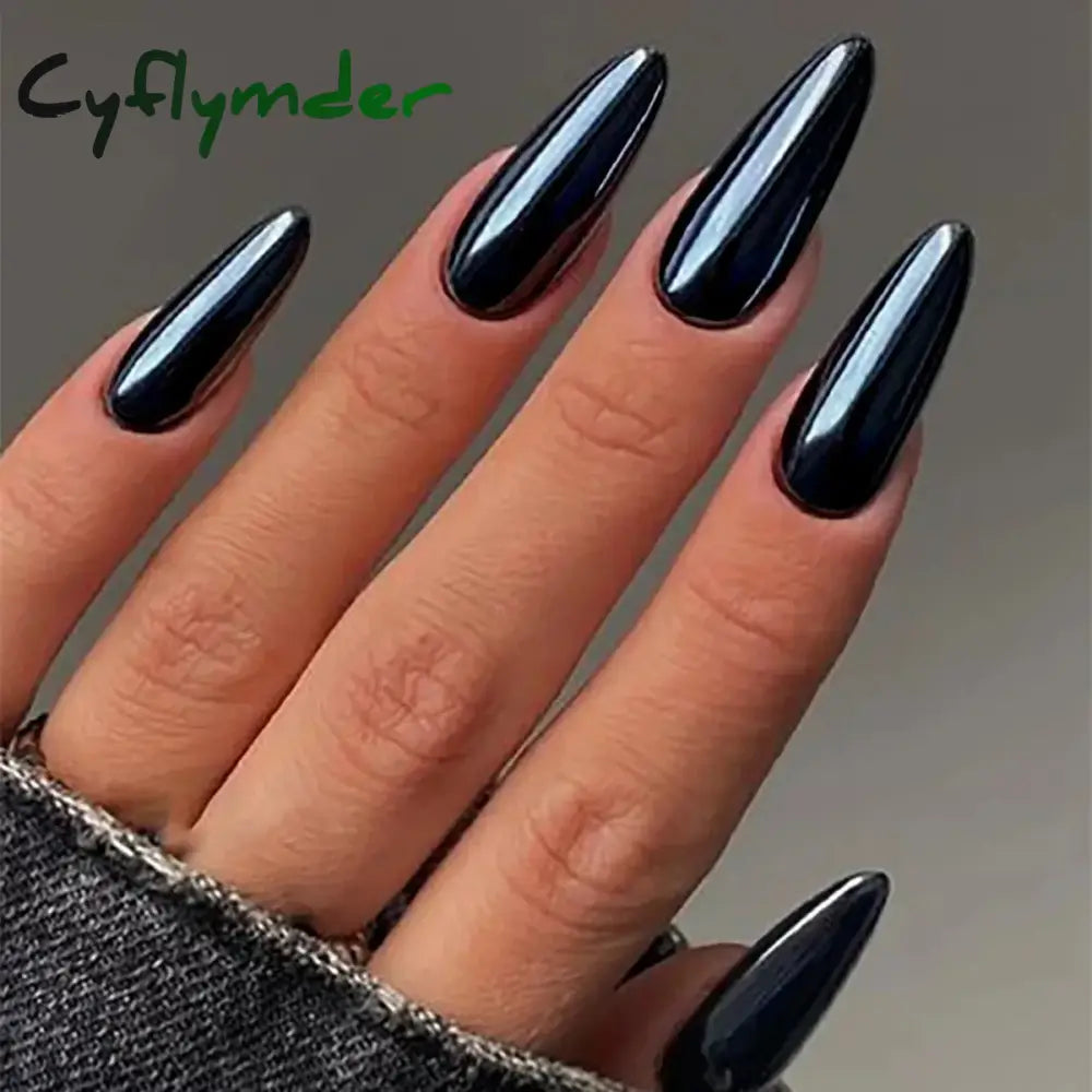 Cyflymder 24pc/set Medium Almond Fake Nails Metallic Mirror Red Black Purple Blue Golden Tips Faux