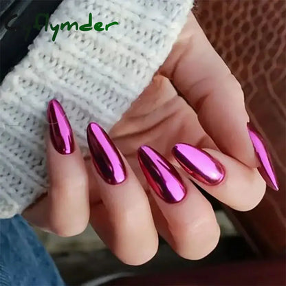 Cyflymder 24pc/set Medium Almond Fake Nails Metallic Mirror Red Black Purple Blue Golden Tips Faux