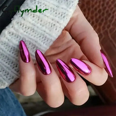 Cyflymder 24pc/set Medium Almond Fake Nails Metallic Mirror Red Black Purple Blue Golden Tips Faux