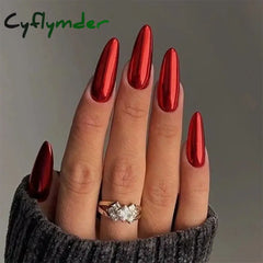 Cyflymder 24pc/set Medium Almond Fake Nails Metallic Mirror Red Black Purple Blue Golden Tips Faux