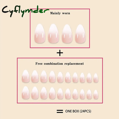Cyflymder 24Pc Short Size French Oval White Gradient Minimalist style Women Full Coverage Wearable Fake Nails Set