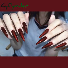 Cyflymder 24Pcs 3D Long Almond False Nails Red Nude Ballet Stiletto Wearable Fake Nails MilkTea Color Jelly Full Cover Press On Nail Tips