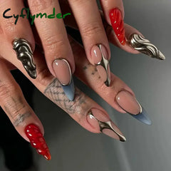 Cyflymder 24Pcs 3D Long Almond False Nails Red Nude Ballet Stiletto Wearable Fake Nails MilkTea Color Jelly Full Cover Press On Nail Tips