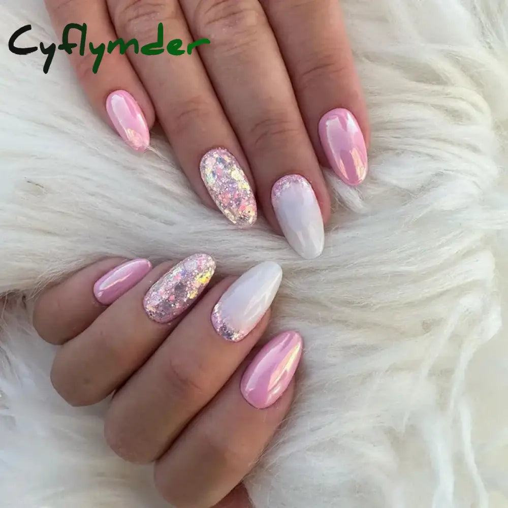 Cyflymder 24Pcs Almond Nails Set with Glue Gradient Short Oval False Nails Wearable Round Head Press on Nails Full Cover Fake Nail Tips