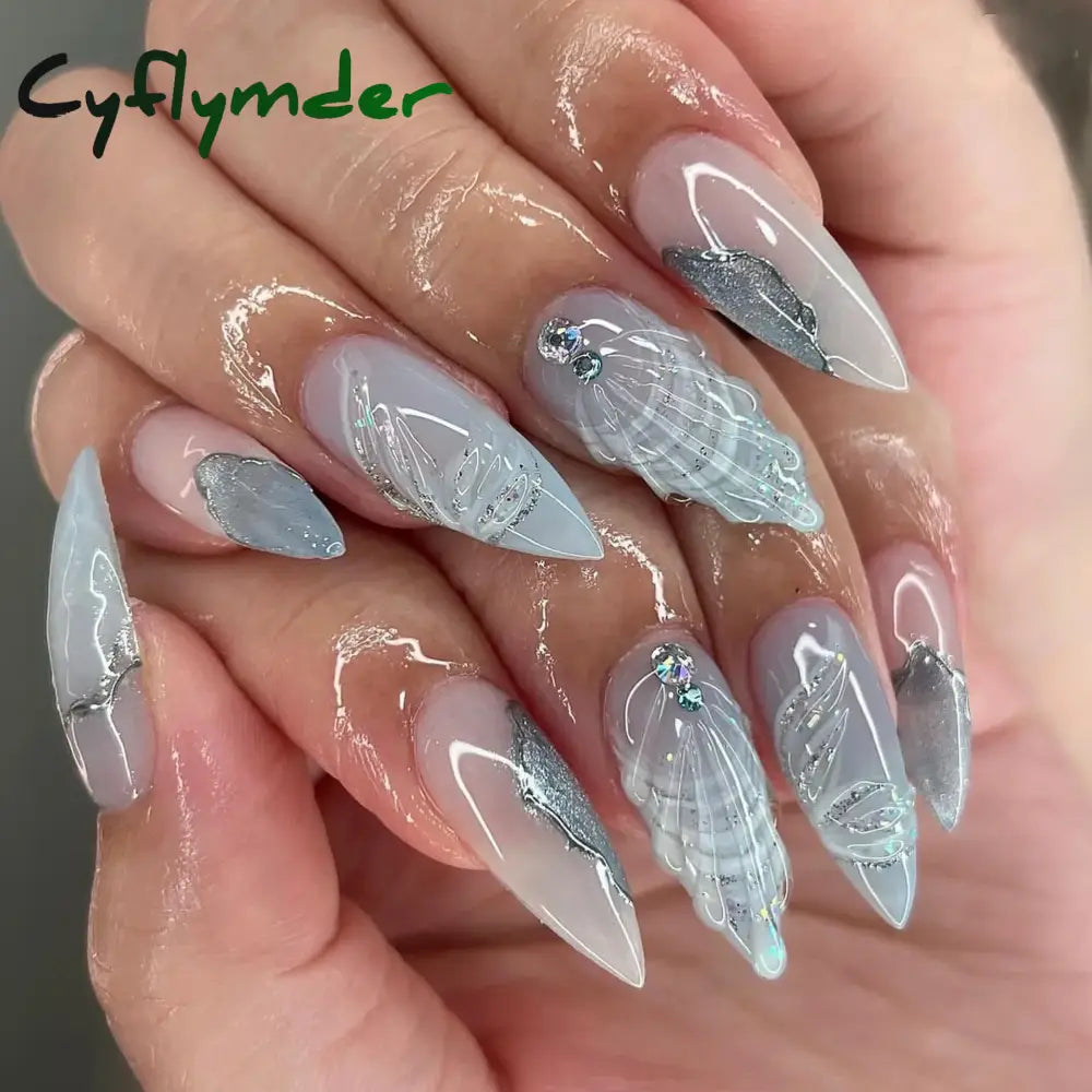 Cyflymder 24Pcs Almond Press on Fake Nails Long French False Nails with Pink Bow Wearable Flower Design Oval Manicure Full Cover Nail Tips