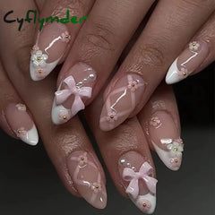 Cyflymder 24Pcs Almond Press on Fake Nails Long French False Nails with Pink Bow Wearable Flower Design Oval Manicure Full Cover Nail Tips