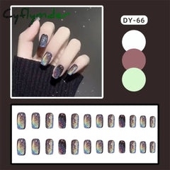 Cyflymder 24pcs Artificial Short Coffin Acrylic Nail Art Fake Nails Full Coverage Press On Nails Tips Purple Black Cat Eye False Nail Set