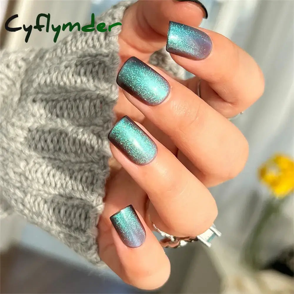 Cyflymder 24pcs Artificial Short Coffin Acrylic Nail Art Fake Nails Full Coverage Press On Nails Tips Purple Black Cat Eye False Nail Set